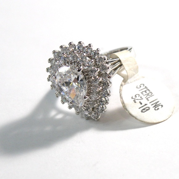 LINDENWOLD Vintage Cocktail Ring- 925 Sterling - Pear CZ w/ baguettes Size10 - Picture 4 of 12